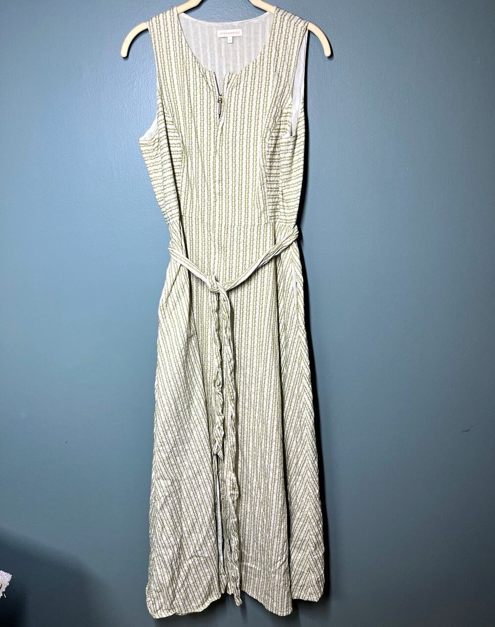 Ann Mashburn Green White Striped V-Neck Sleeveless Zip Belted Midi Dress L